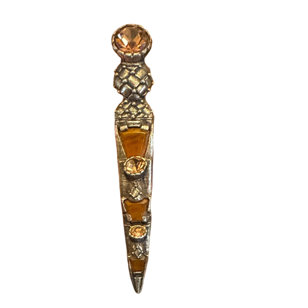 Vintage Scottish Celtic Dirk Dagger Miracle Brooch Pin W/Amber and Silver Tones